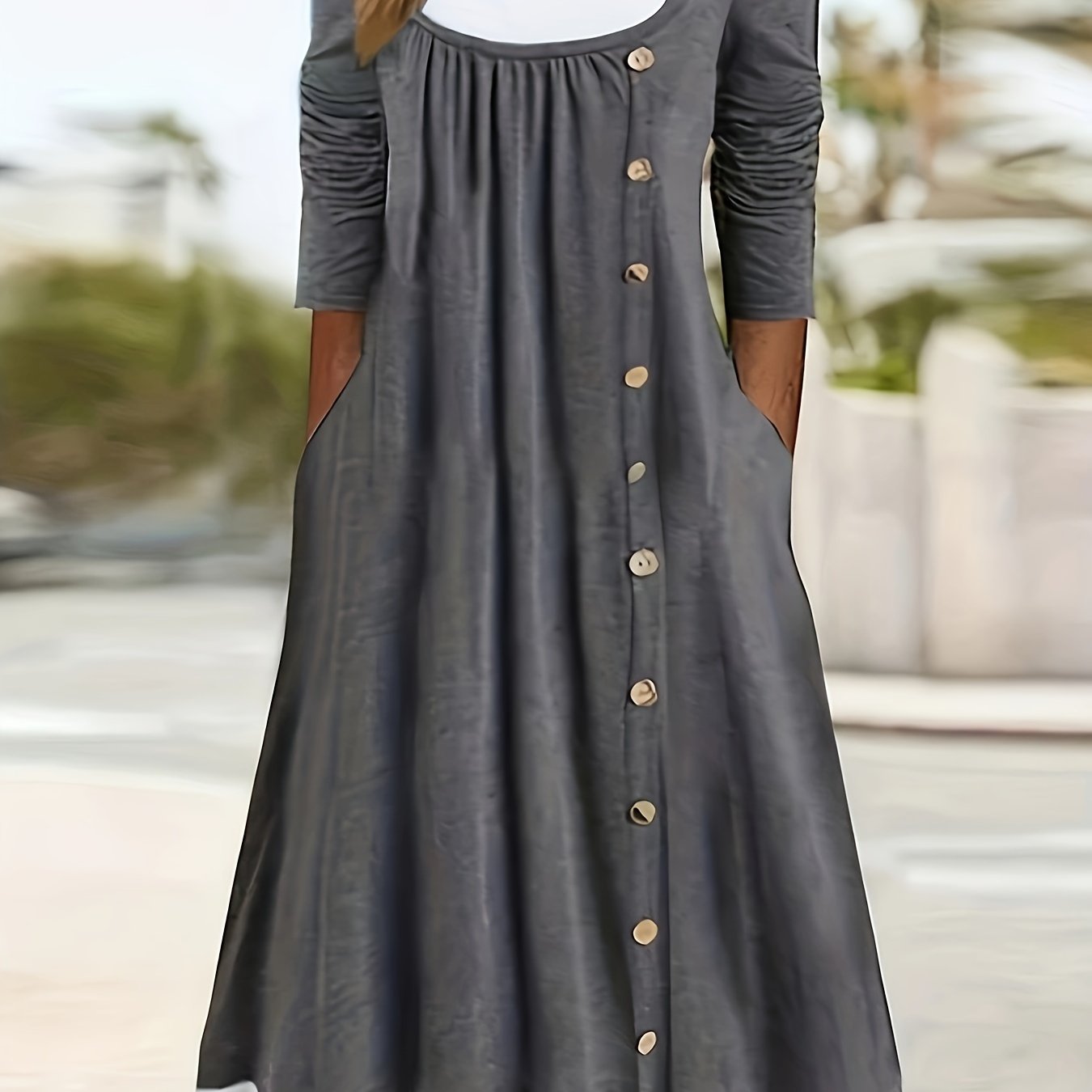 Block Button Front Dress Casual Long Sleeve Dress Women's Clothing