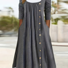 Block Button Front Dress Casual Long Sleeve Dress Women's Clothing