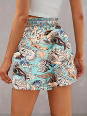 Plant Print Wide Leg Shorts Elastic Waist
