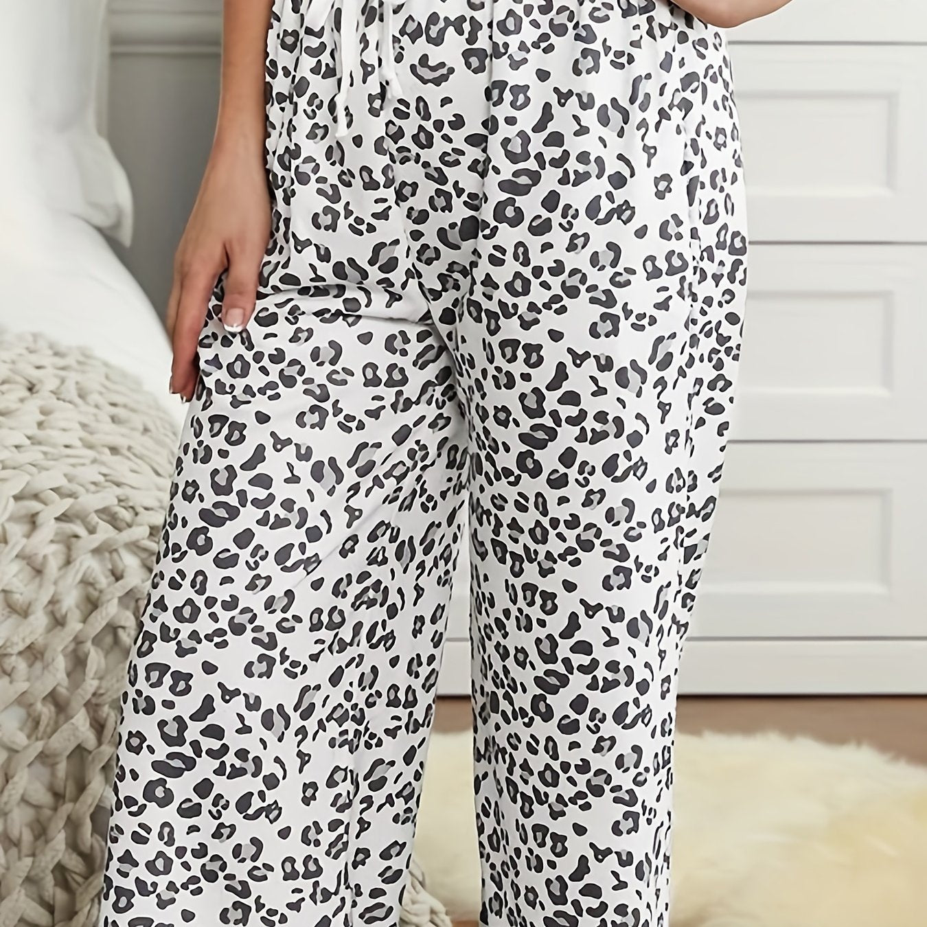 Leopard Print Drawstring Straight Leg Pants