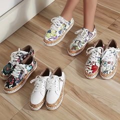 Floral Print Flat Sneakers Lace Up Low Top PU Leather Walking Shoes