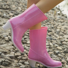 Women's Pink Rain Boots Slip On Chunky Heel Waterproof & Comfortable