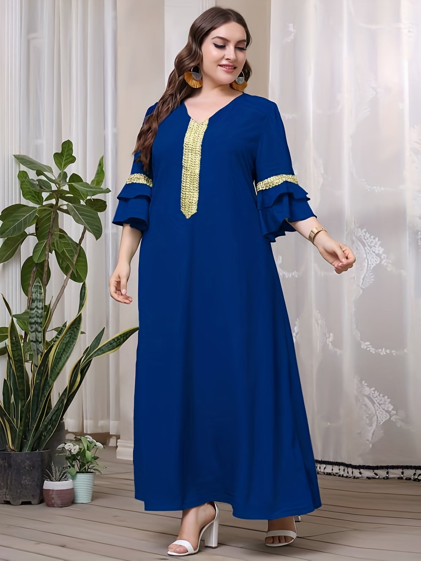 Sequin Decor Layered Sleeve V Neck Maxi Dress