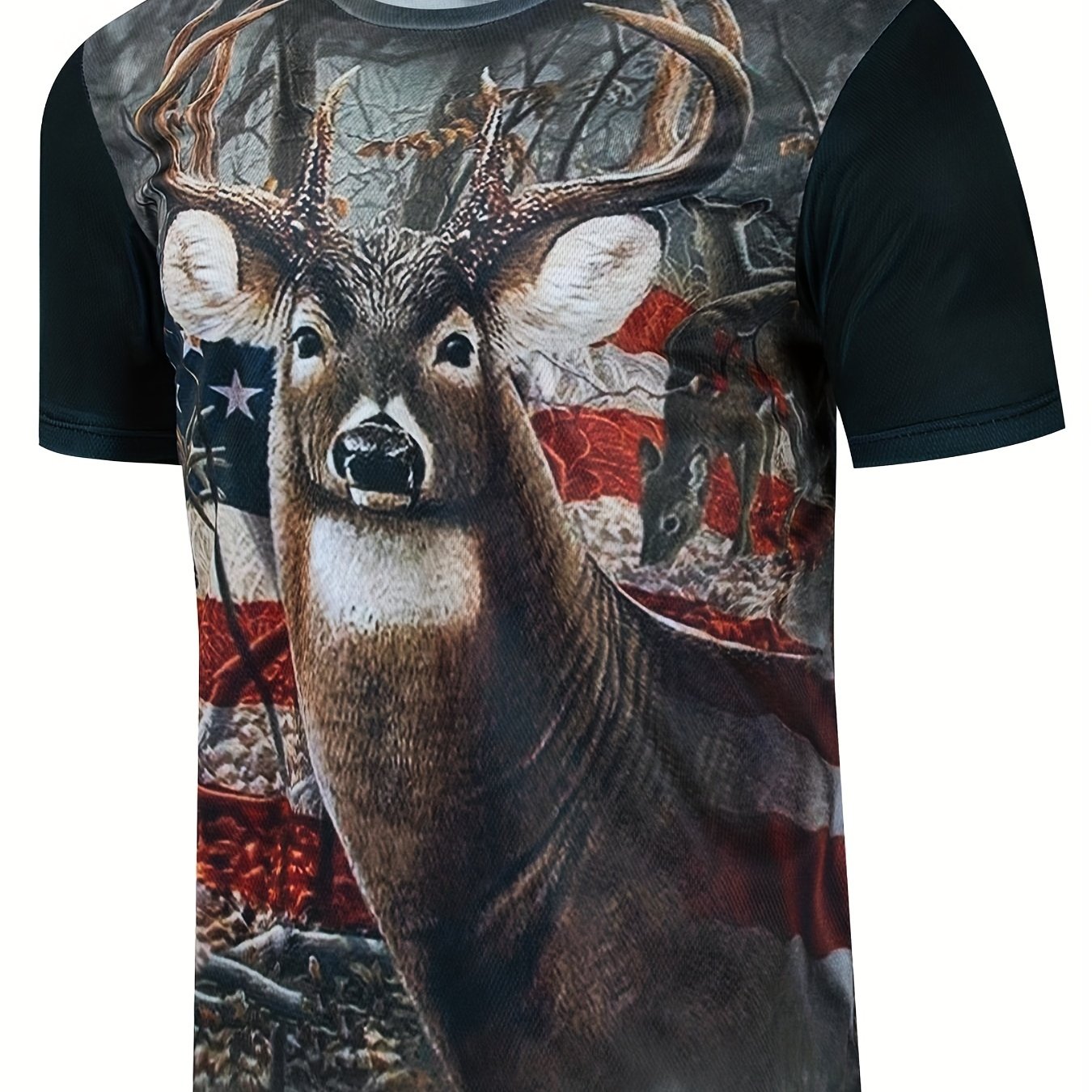 Patriotic Deer Print T Shirt for Men Comfortable 3D Print Crew Neck Tee