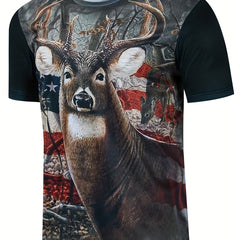 Patriotic Deer Print T Shirt for Men Comfortable 3D Print Crew Neck Tee