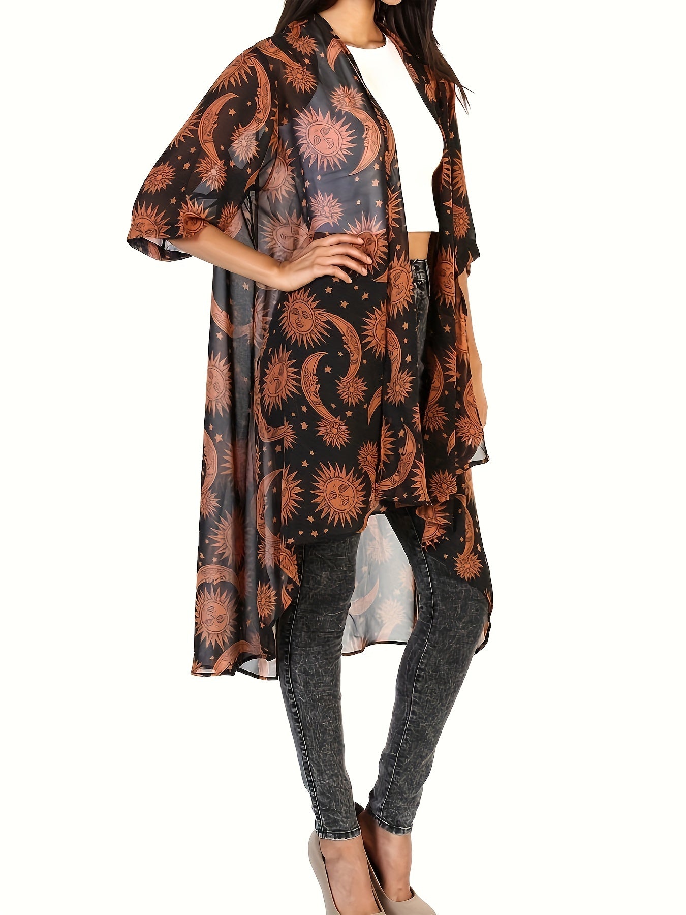 Sun & Moon Print Batwing Loose Cover Up Soft Chiffon Kimono