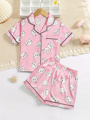 Girls Cat Graphic Pajama Set Button Top & Shorts Summer Sleepwear