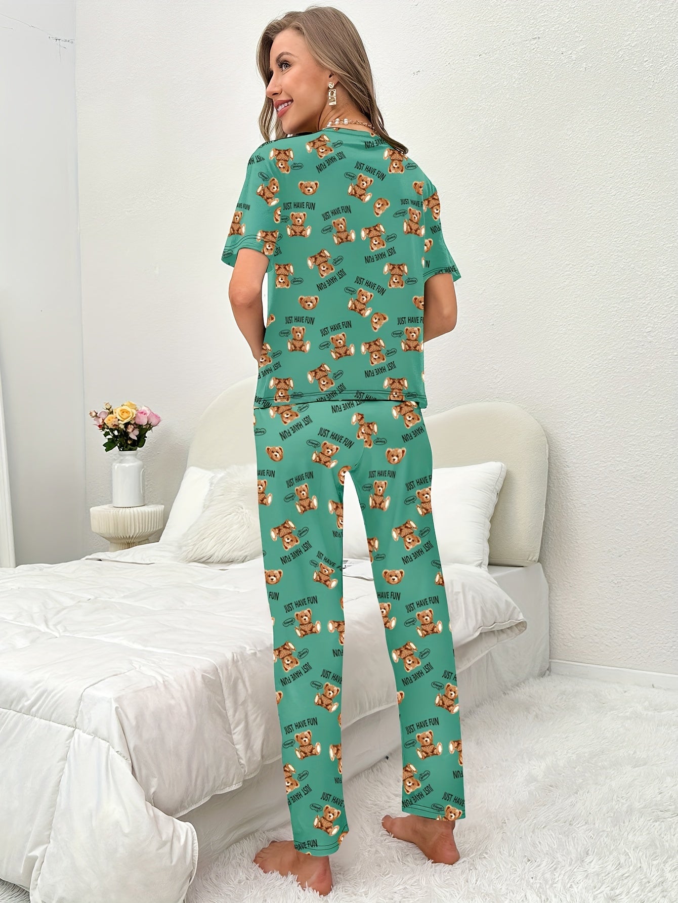 Bear Print Pajama Set Short Sleeve Crew Neck Top & Pants