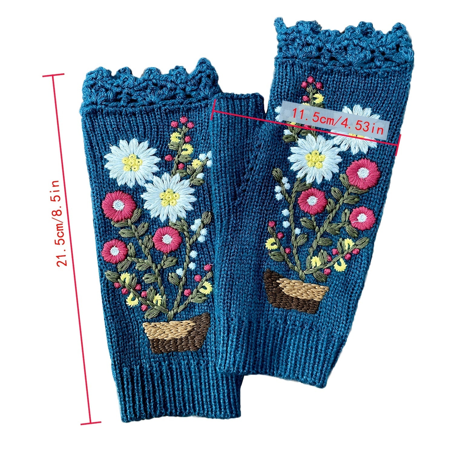 Hand Knit Fingerless Embroidery Floral Winter Woolen Gloves