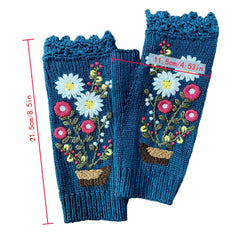Hand Knit Fingerless Embroidery Floral Winter Woolen Gloves