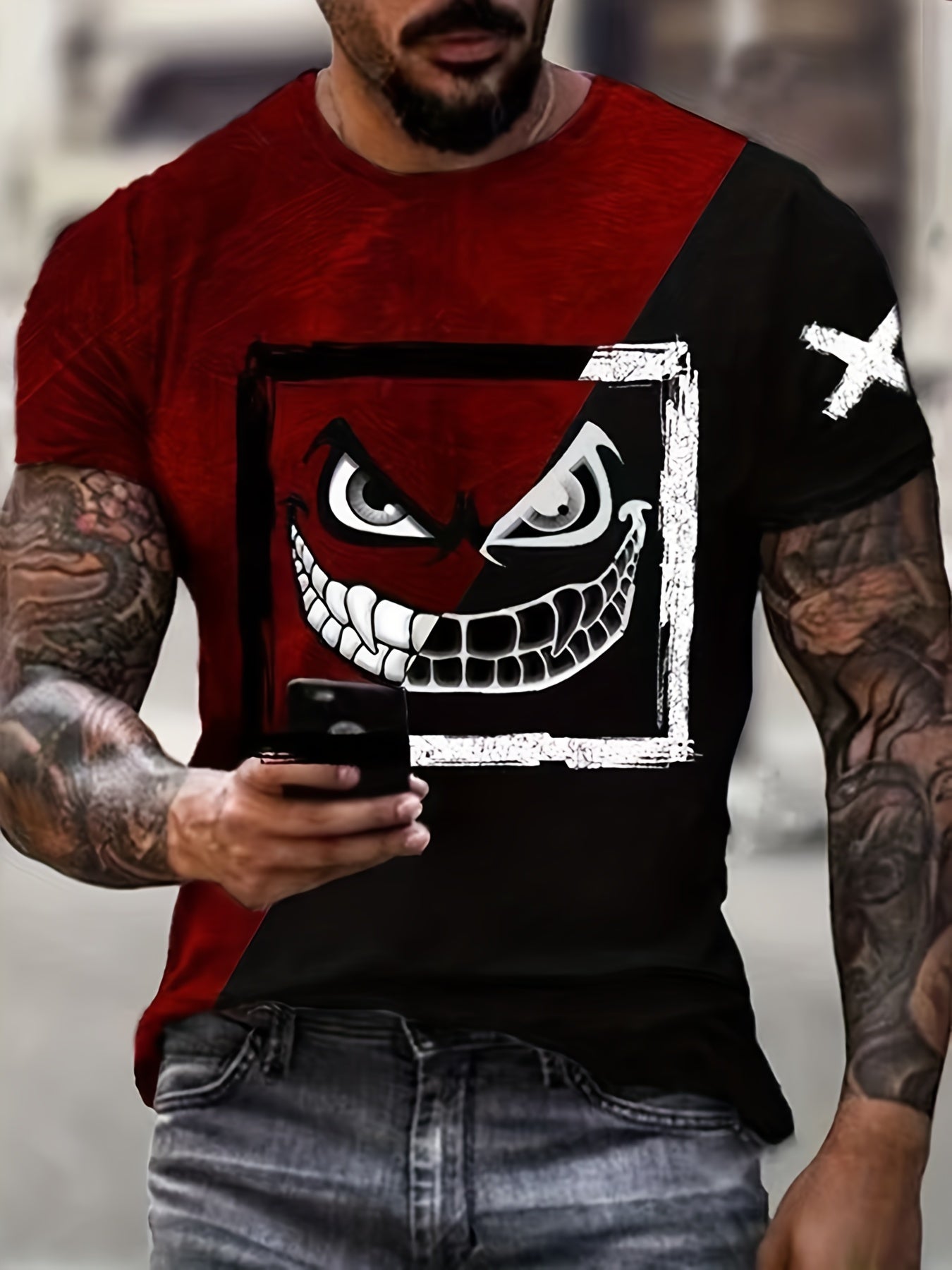Men's Devil Smile Block Short Sleeve T-shirt for Summer Outdoor