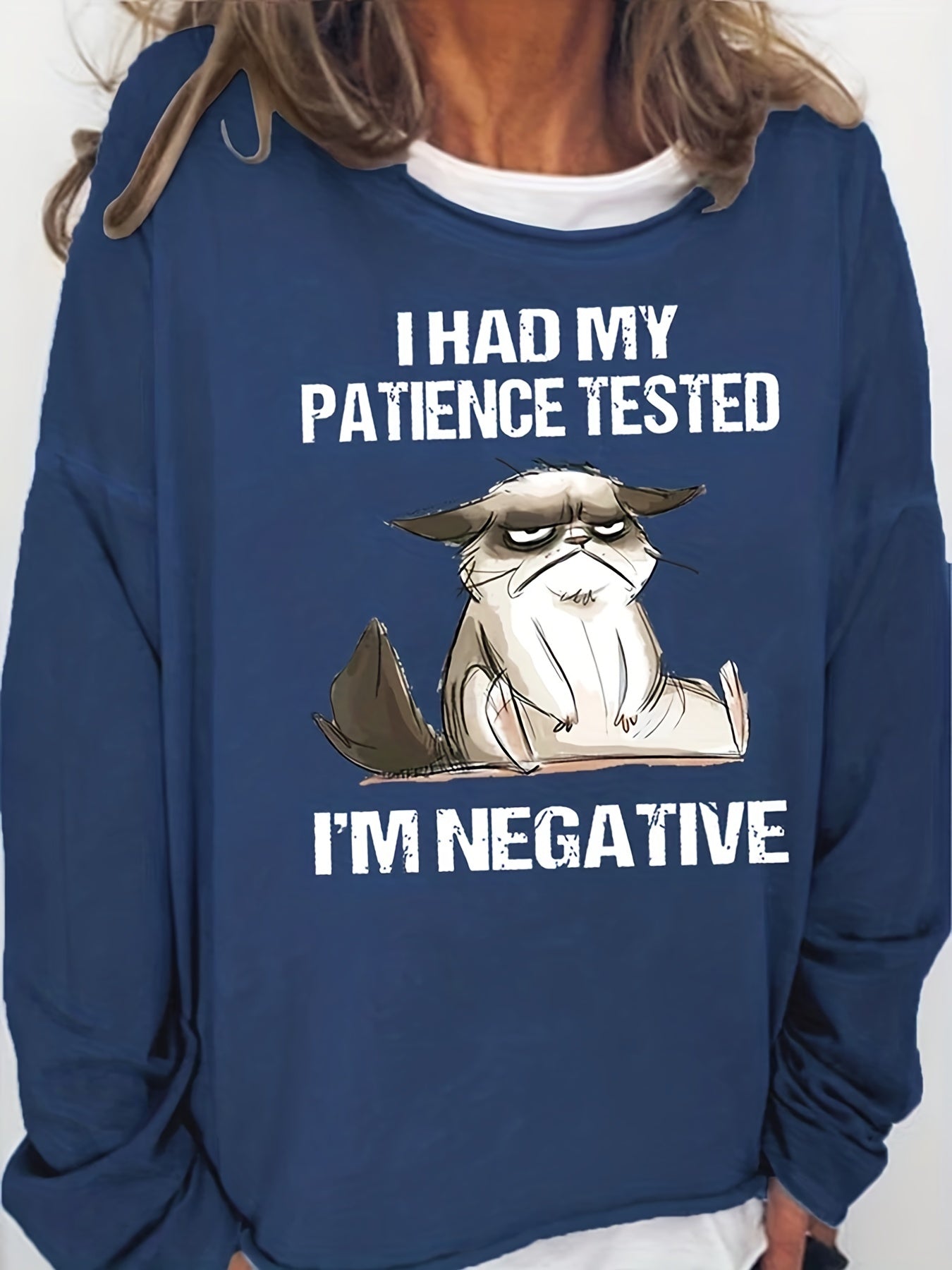 Negative Cat Print Sweatshirt Casual Long Sleeve Sweatshirt