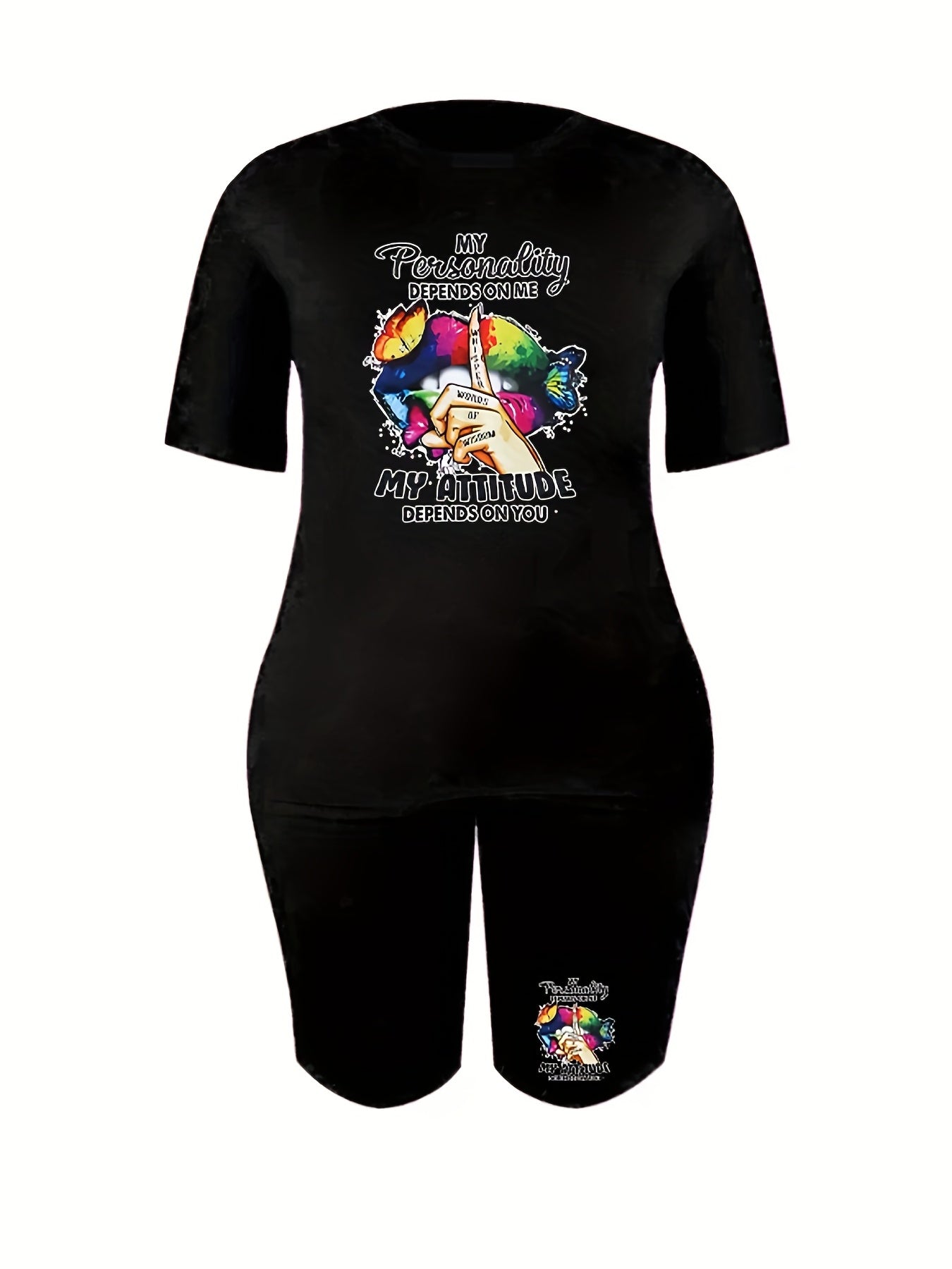 2 Piece Set Women's Plus Mouth & Letter Print Tee & Shorts Outfits