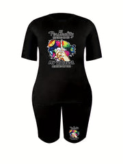 2 Piece Set Women's Plus Mouth & Letter Print Tee & Shorts Outfits