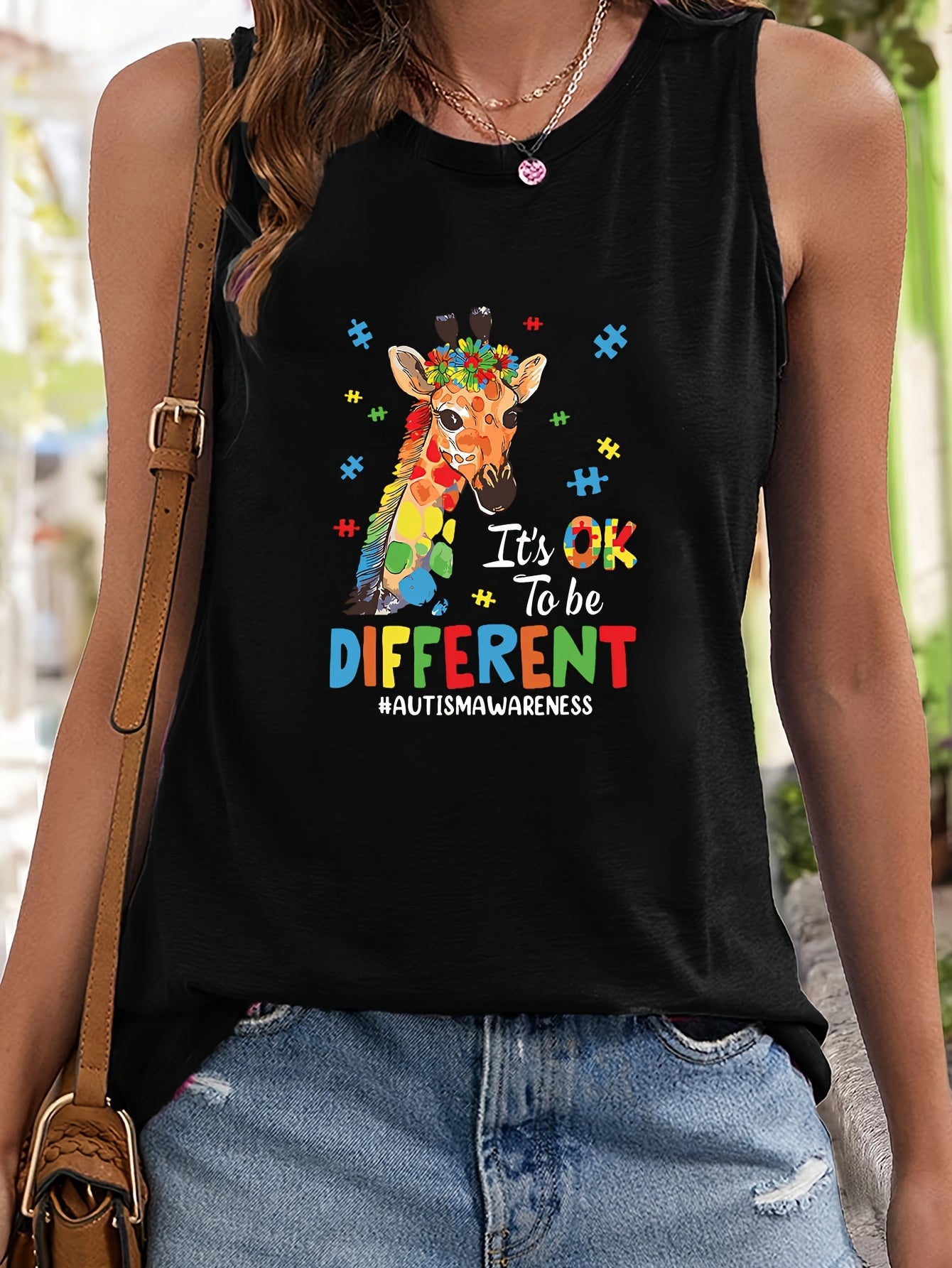 Giraffe & Letter Print Sleeveless Sports Vest Round Neck Stretchy Casual Tops