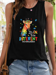 Giraffe & Letter Print Sleeveless Sports Vest Round Neck Stretchy Casual Tops