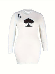 Women's Plus Poker Spade Q Print Long Sleeve Mock Neck Backless Mini Dress
