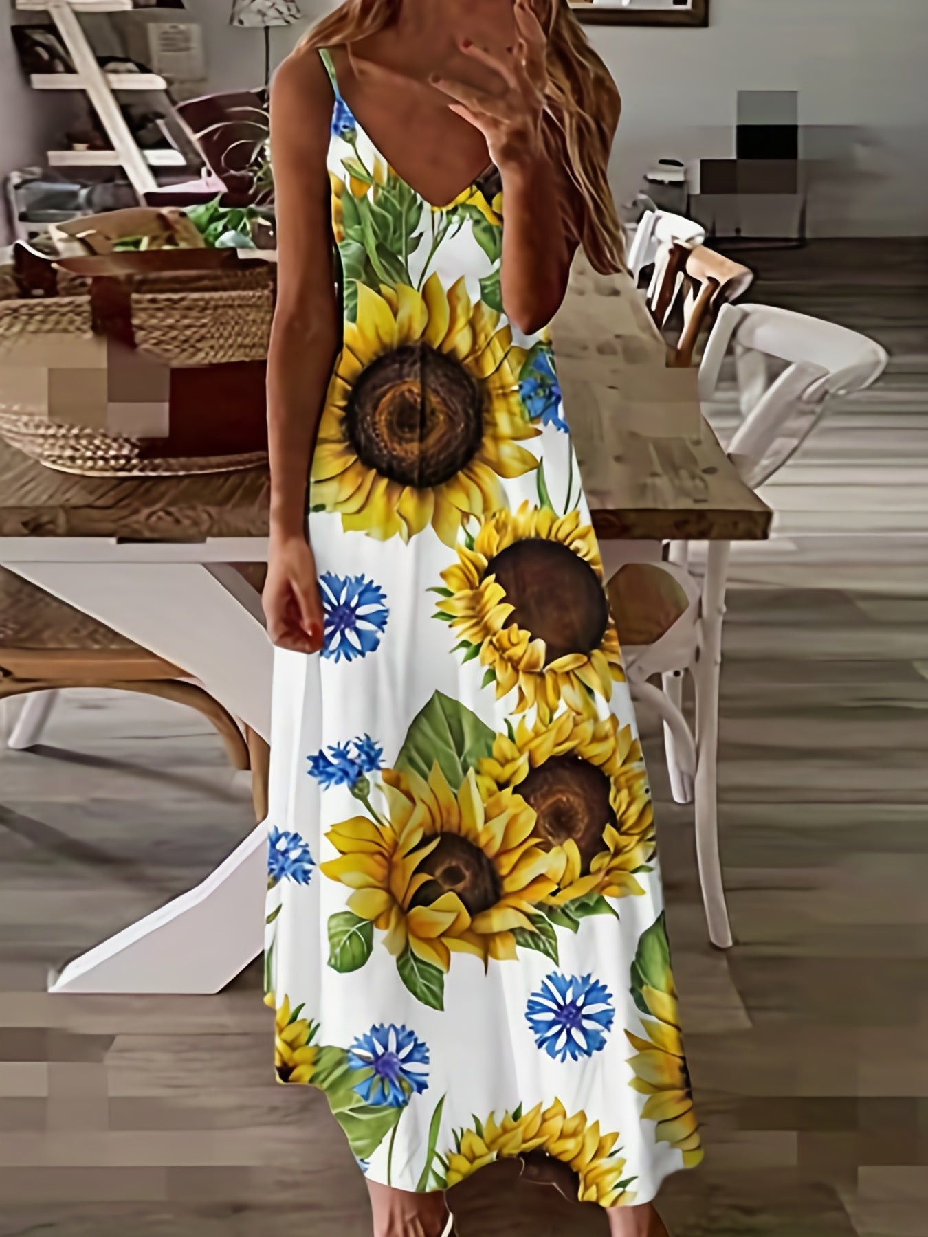 Colorblock Sunflower & Butterfly Print V Neck Maxi Dress