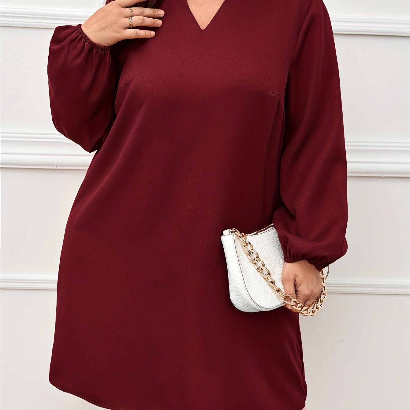 Solid Lantern Sleeve Notched Neck Dress