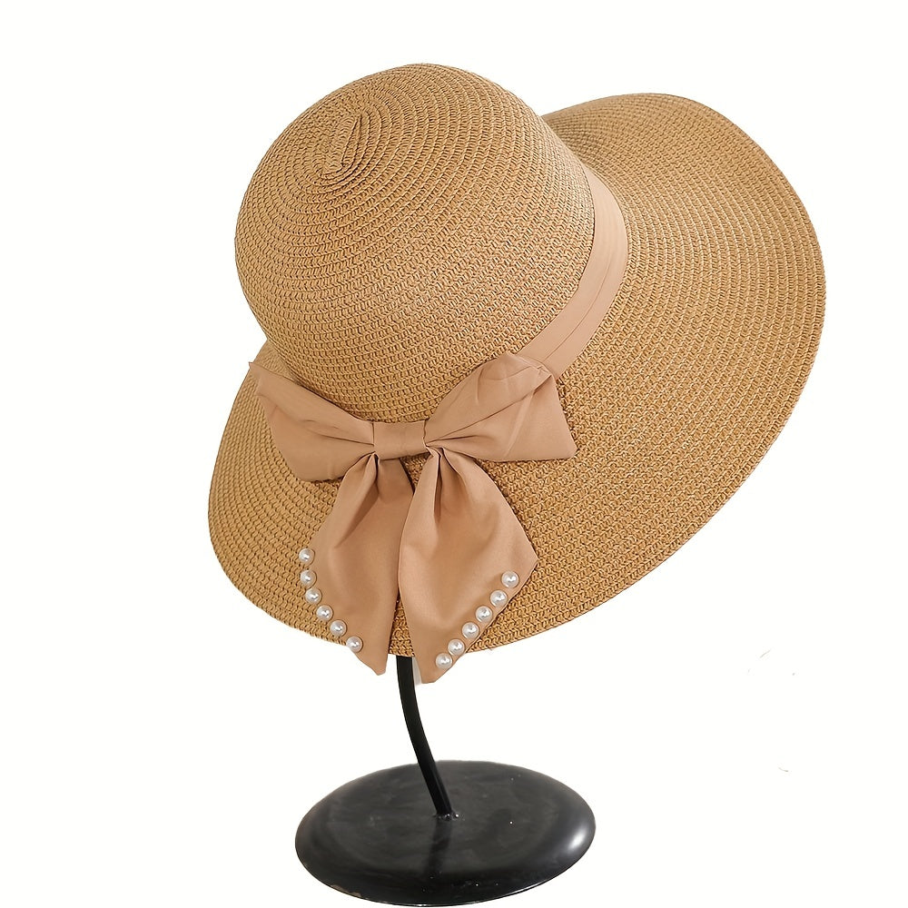 Faux Pearl Ribbon Bow Hat Wide Brim Straw Sun Hat