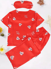 Heart Print Satin Pajama Set with Eye Mask