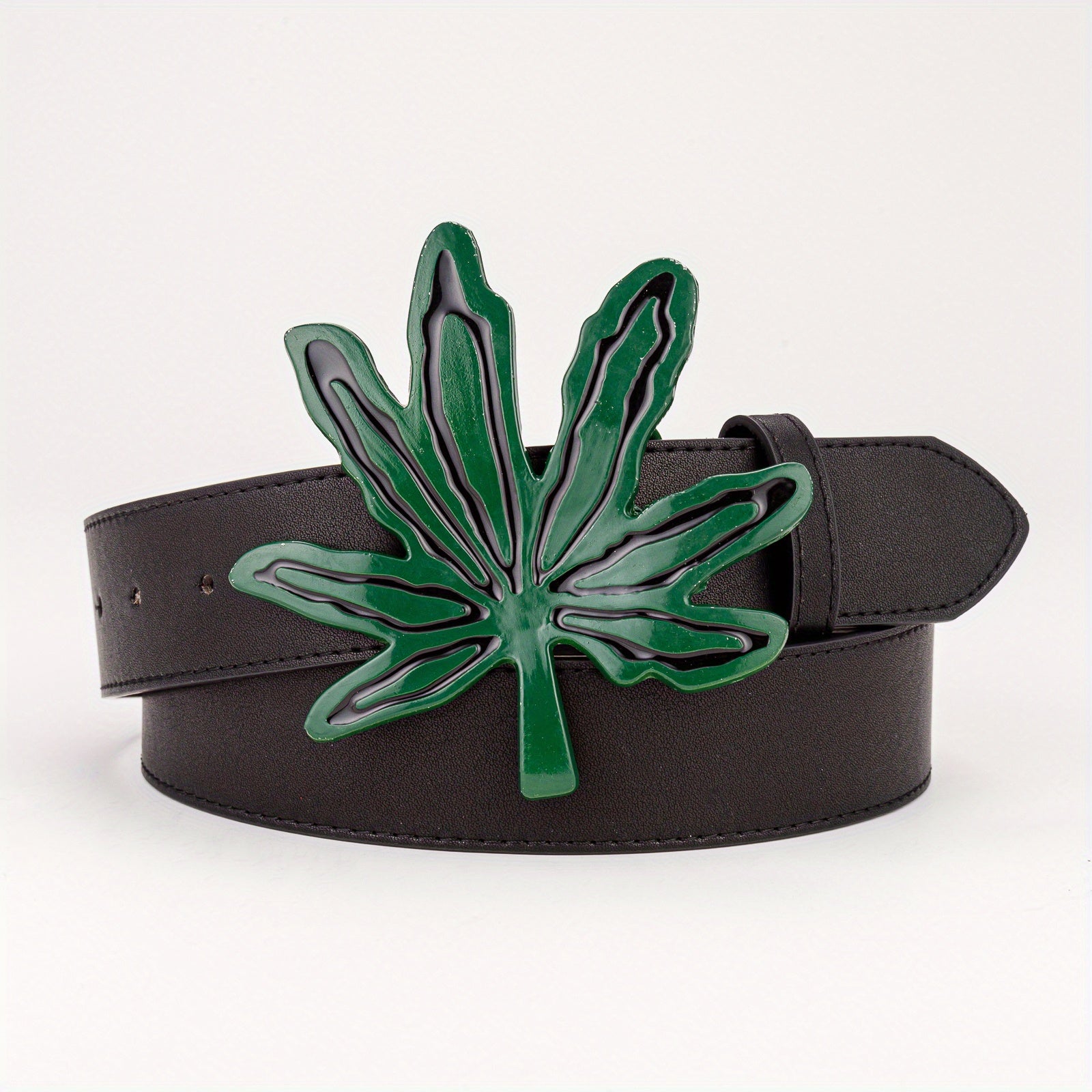 Men's Green Maple Leaf Buckle PU Leather Belt Casual Waist Belt