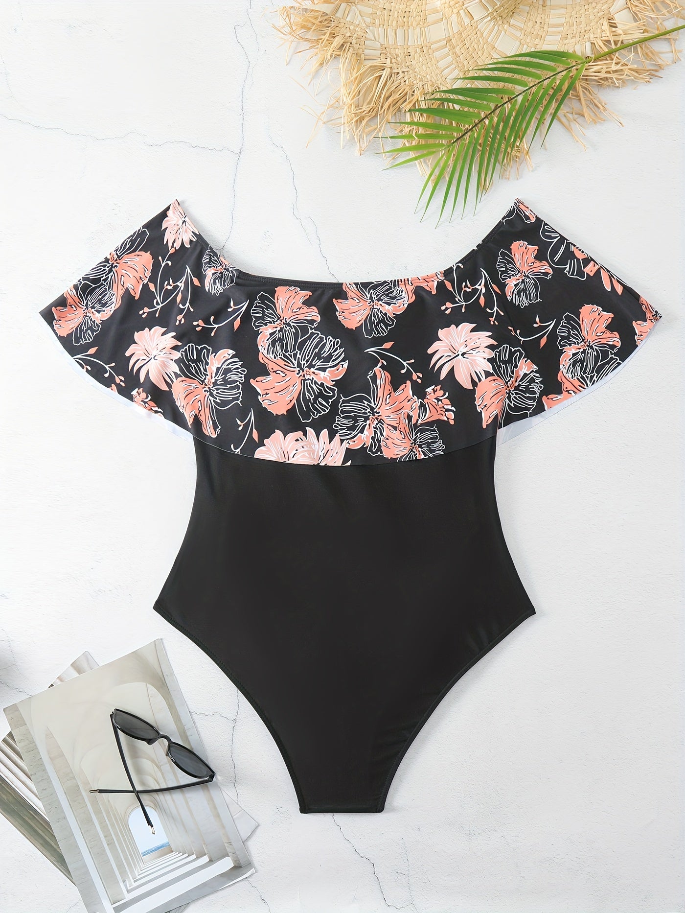 Floral Print Off Shoulder Ruffle Plus Size Swimsuit