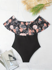 Floral Print Off Shoulder Ruffle Plus Size Swimsuit