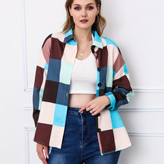 Colorblock Grid Print Long Sleeve Blouse