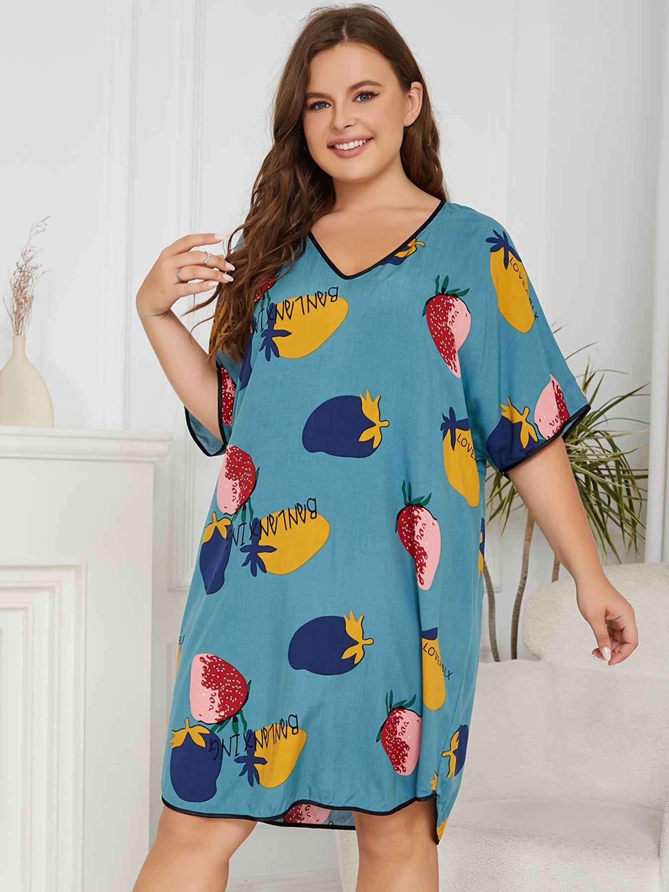 Fruit Print V Neck Sleep Dress Short Sleeve