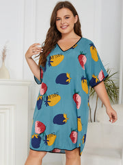 Fruit Print V Neck Sleep Dress Short Sleeve