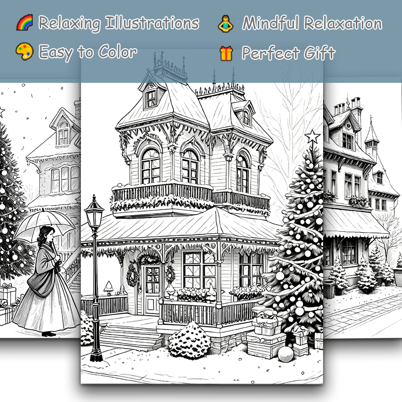 Christmas House Adult Coloring Book Snowy Scene Horse