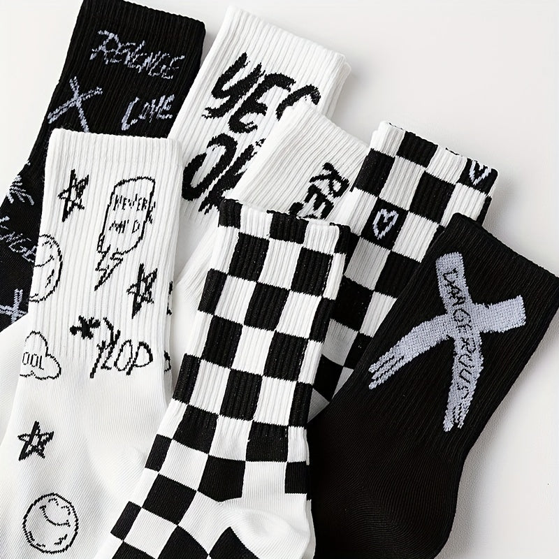 7 Pairs Letter & Plaid Print Socks - Casual Street Women's Stockings & Hosiery