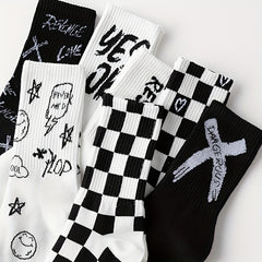 7 Pairs Letter & Plaid Print Socks - Casual Street Women's Stockings & Hosiery