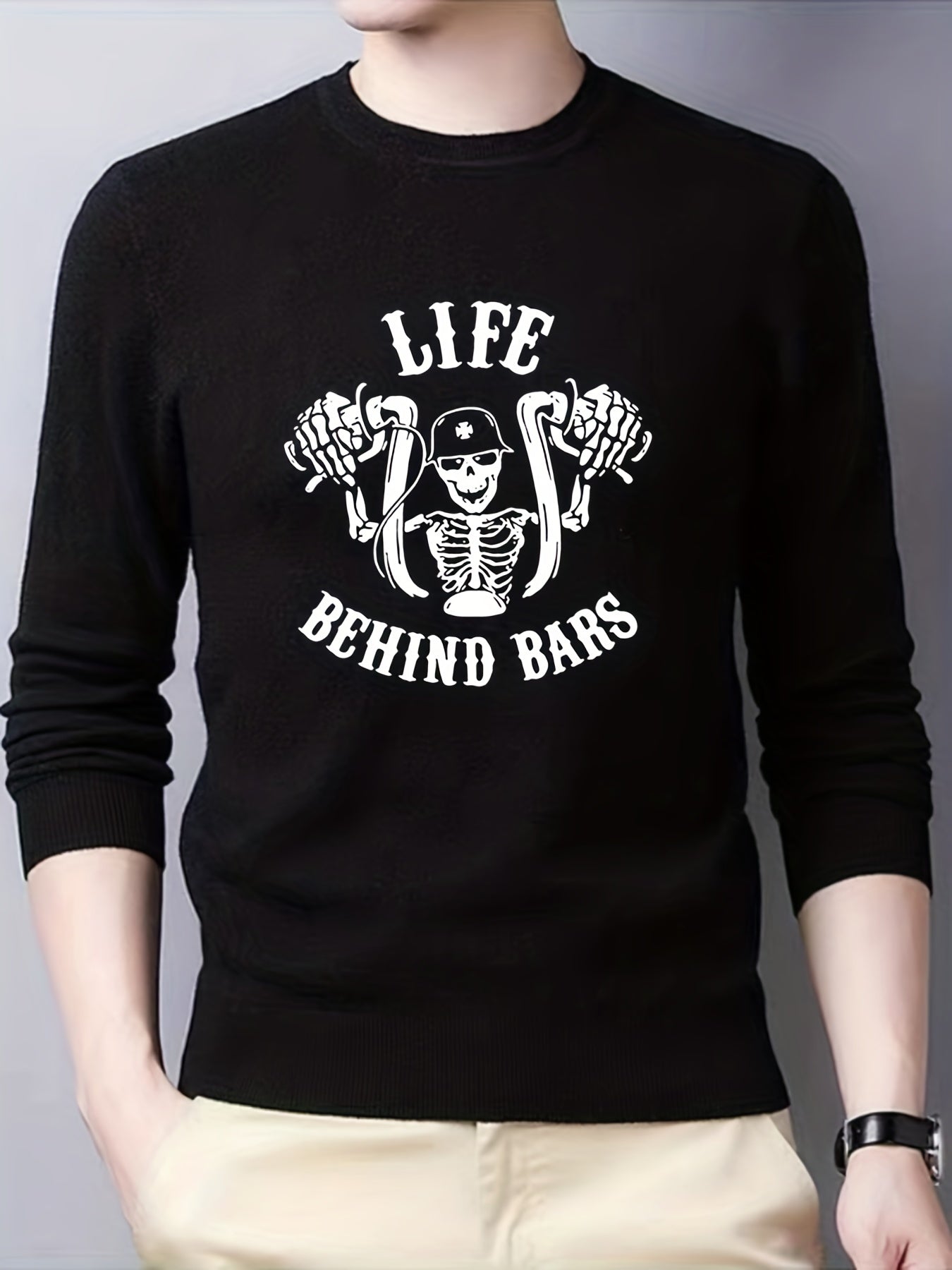 Skeleton Bike Print Knitted Sweater Men's Casual Warm Crew Neck Pullover