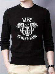 Skeleton Bike Print Knitted Sweater Men's Casual Warm Crew Neck Pullover
