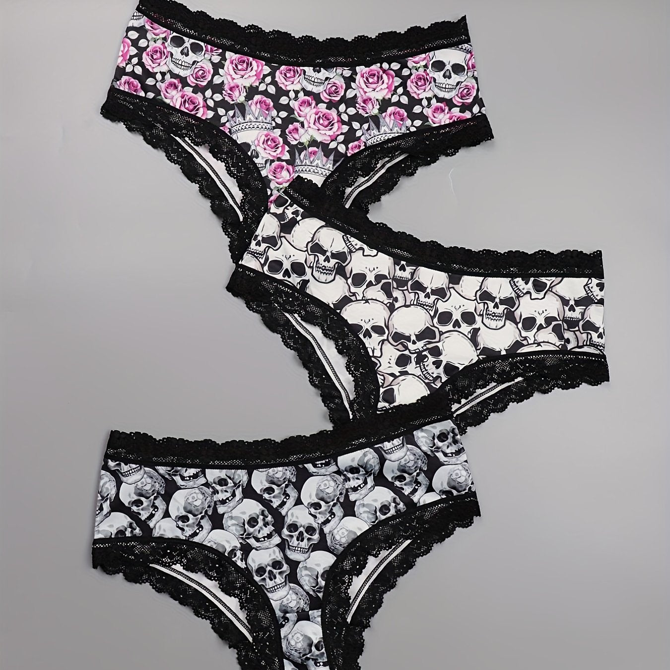 3 Pack Plus Size Gothic Skull & Rose Print Lace Trim Panties Set