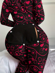 Heart Print Pajama Jumpsuit Long Sleeve V Neck Pajamas