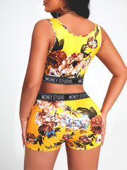 Floral Print Crop Tank Top & Biker Shorts Set Women's Clothing