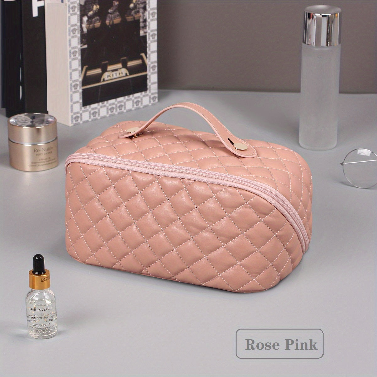 Large Capacity Waterproof PU Leather Cosmetic Bag with Divider and Handle