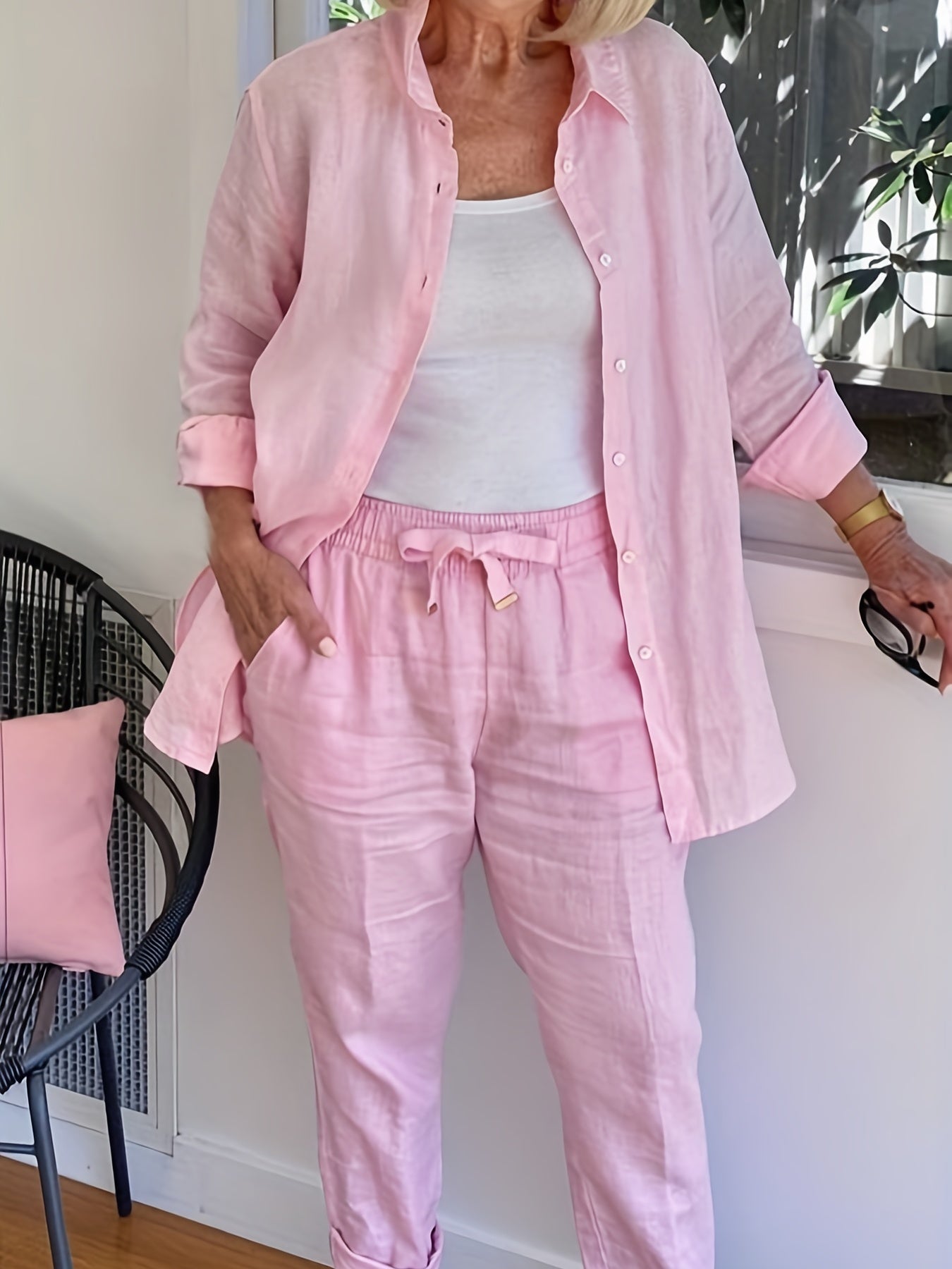 Button Front Long Sleeve Shirt & Wide Leg Pants Set