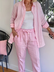 Button Front Long Sleeve Shirt & Wide Leg Pants Set