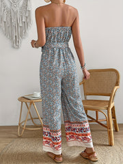 Boho Wide Leg Jumpsuit Sleeveless Tie Waist Tube Jumpsuit