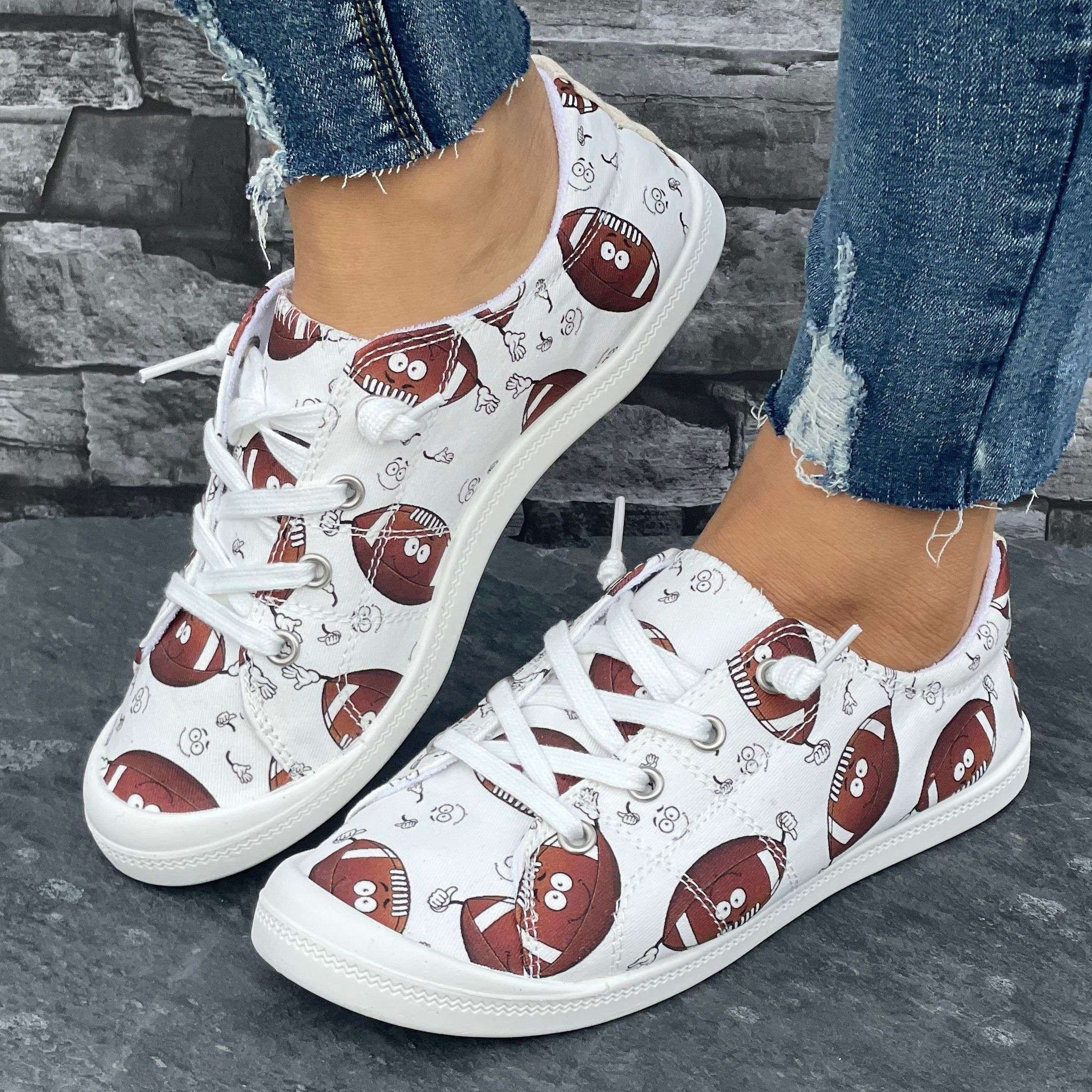 Cartoon Rugby Pattern Women's Flat Shoes Lightweight Soft And Comfortable