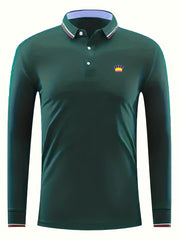 Crown Print Men's Casual Long Sleeve Polo Shirt