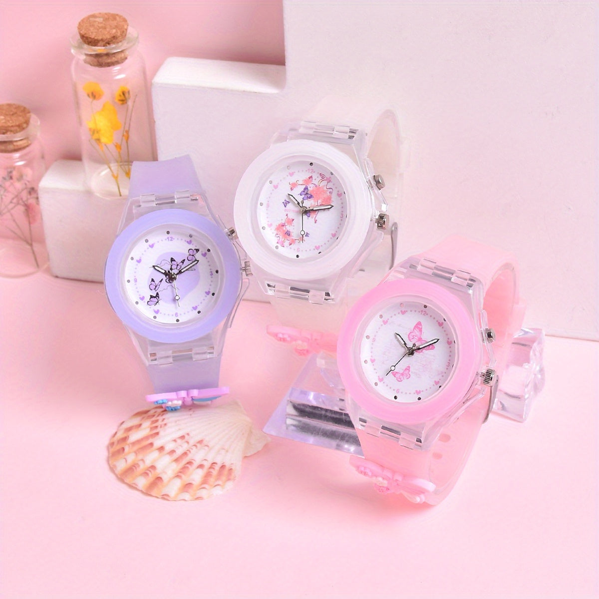 3pcs Girls Butterfly & Animal Print Watches with Glow in the Dark Dials