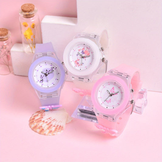 3pcs Girls Butterfly & Animal Print Watches with Glow in the Dark Dials