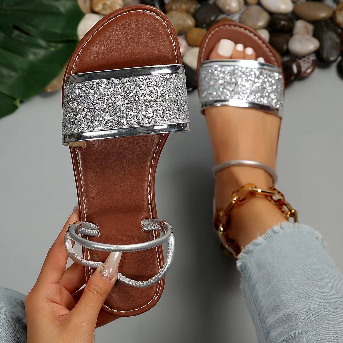 Women's Sequin Flat Sandals Open Toe Slides Shoes