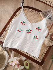 Cherry Pattern Embroidered Knit Crop Cami Top Cutout V Neck Summer Sleeveless