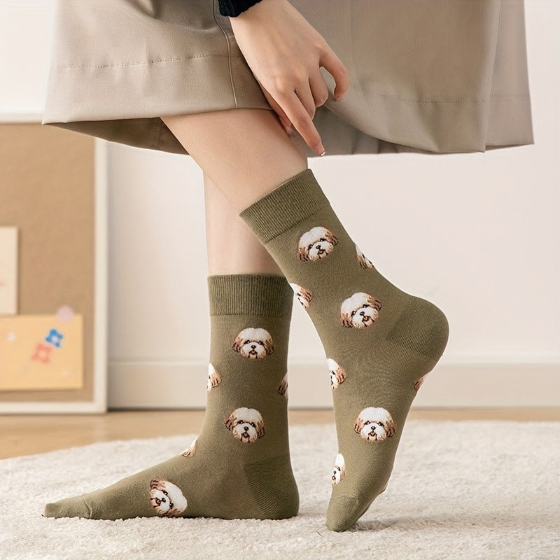 2 Pairs Dog Print Crew Socks Women's Stockings
